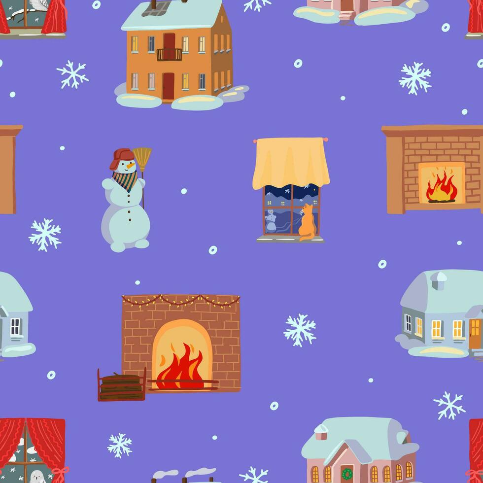 Snowy houses, fireplaces, cozy windows, snowman, snowflakes. Winter time ornament in cartoon style. Vector seamless pattern for holiday design, background, wallpaper, textile, postcards, wraps, decor.