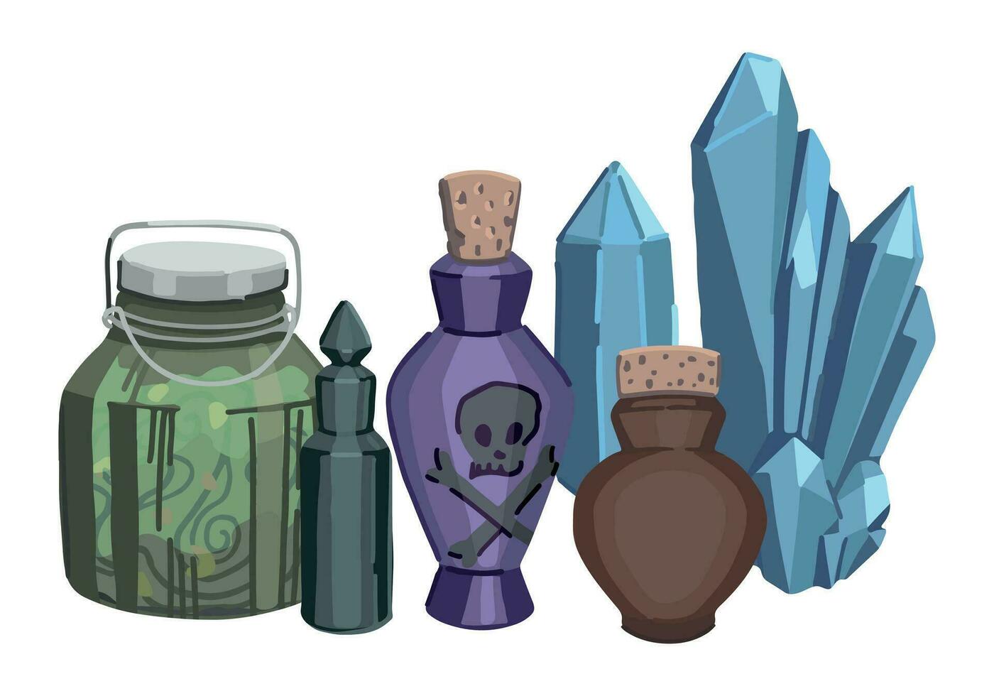 Potions and poisons, crystals, occult items, witchcraft single doodle. Halloween vector illustration in cartoon style. Modern clipart isolated on white.
