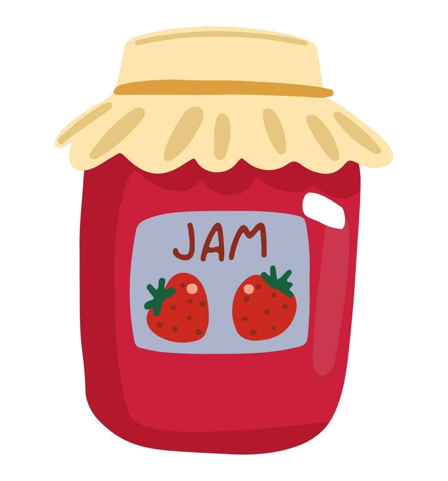 Jar of strawberry jam, homemade food. Colored cartoon doodle. Hand drawn vector illustration. Single drawing isolated on white background. Element for design, print, sticker, card, decoration, wrap.