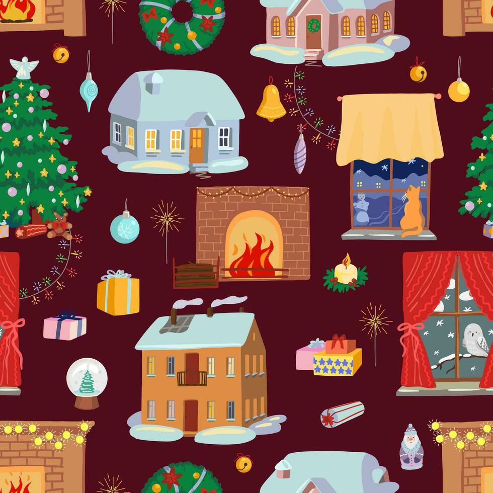 Nevado casas, chimeneas, acogedor ventanas, Navidad atributos invierno hora ornamento en dibujos animados estilo. vector sin costura modelo para fiesta diseño, fondo, fondo de pantalla, textil, postales, envuelve, decoración