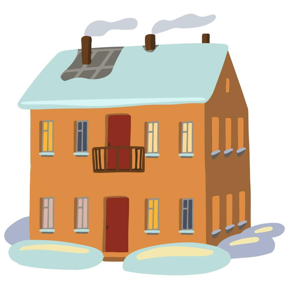 Doodle of cozy snowy apartment house in winter. Lovely building. Hand drawn vector illustration. Simple cartoon drawing isolated on white. Single clipart for christmas decor, sticker, design, card.