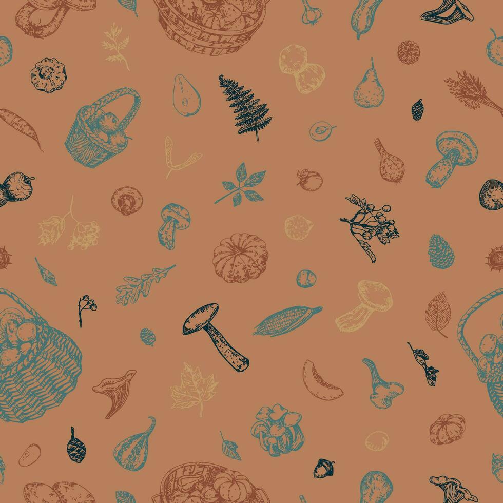 Autumn harvest vector seamless pattern. Ornament of seasonal vegetables, fruits, mushrooms, fallen leaves, berries, pine cones. Hand drawn retro style design for background, wallpaper, decor.