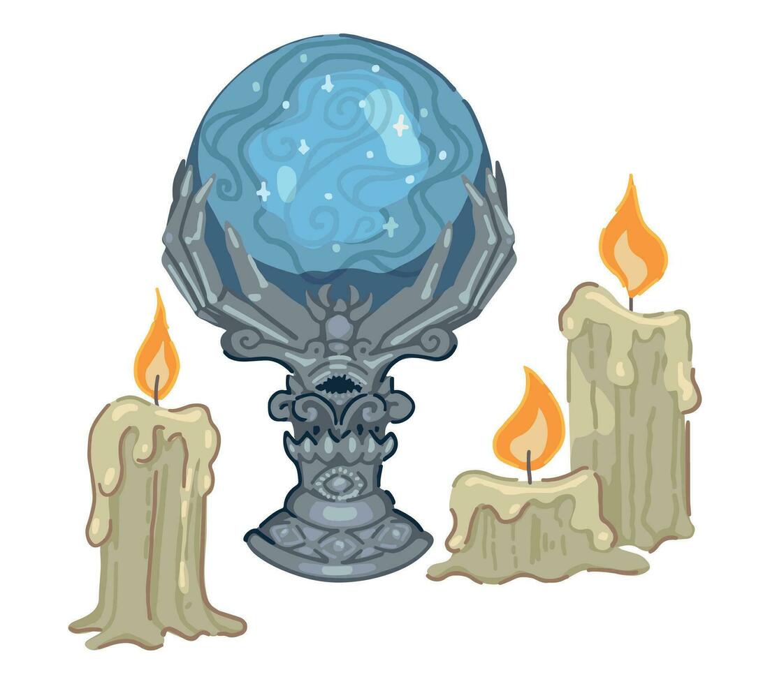 Antique magic crystal ball and candles. Occult, fortune telling, witchcraft, esoteric item. Halloween vector illustration in cartoon style. Modern clipart isolated on white.