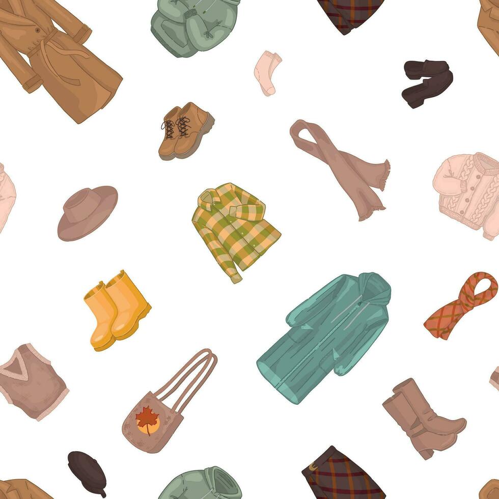 Autumn clothes vector seamless pattern. Ornament of apparel, shoes, hats, accessories, raincoat. Cartoon style design for background, wallpaper, decor.