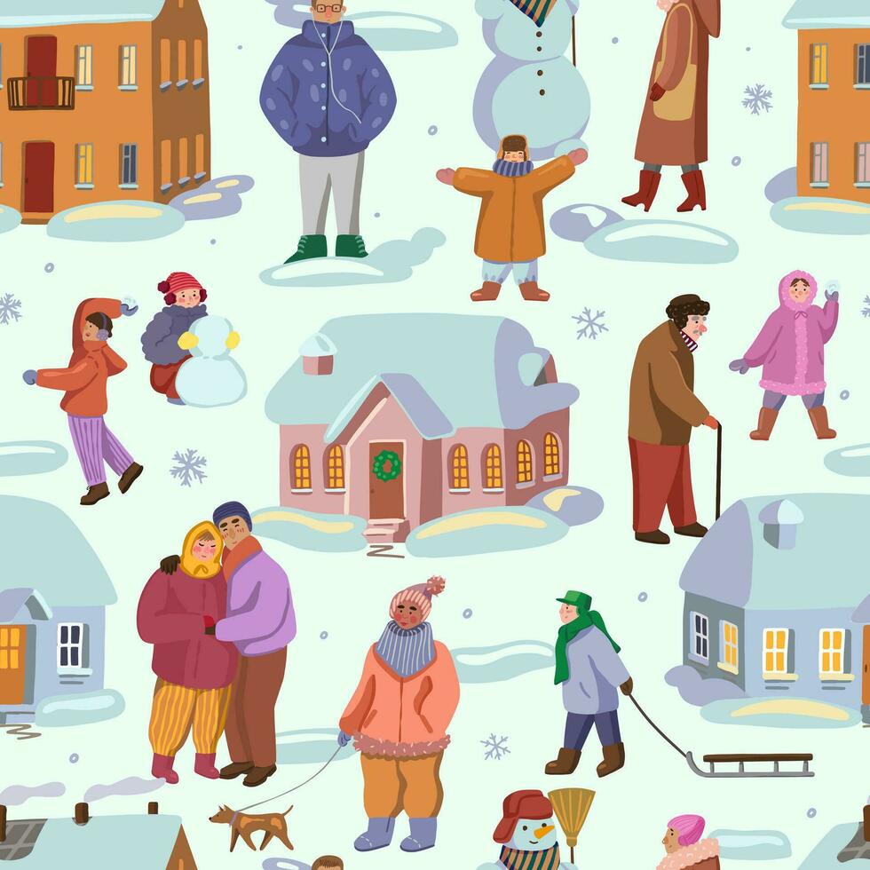 People in winter outerwear in outdoors, snowy houses. Winter time ornament in cartoon style. Vector seamless pattern for holiday design, background, wallpaper, textile, postcards, wraps, decorations.