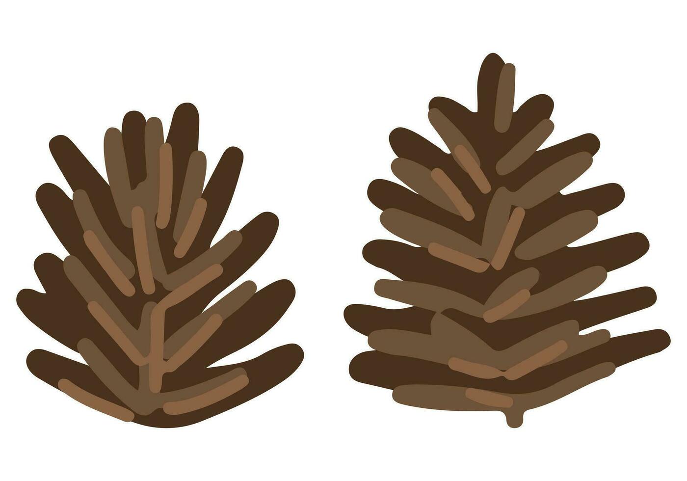 Two conifer cone. Colored cartoon doodle of winter attributes. Hand drawn vector illustration. Simple drawings isolated on white. Elements for Christmas design, print, sticker, card, decor, wrap.