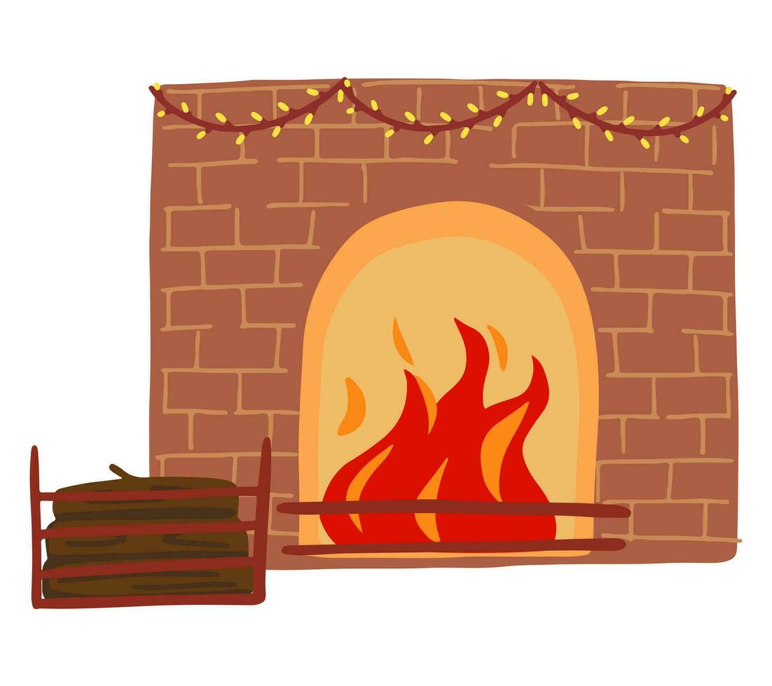 Fireplace, burning fire, garland, firewood. Colored cartoon doodle of cozy aesthetic. Hand drawn vector illustration. Drawing isolated on white. Element for design, print, sticker, card, decor, wrap.
