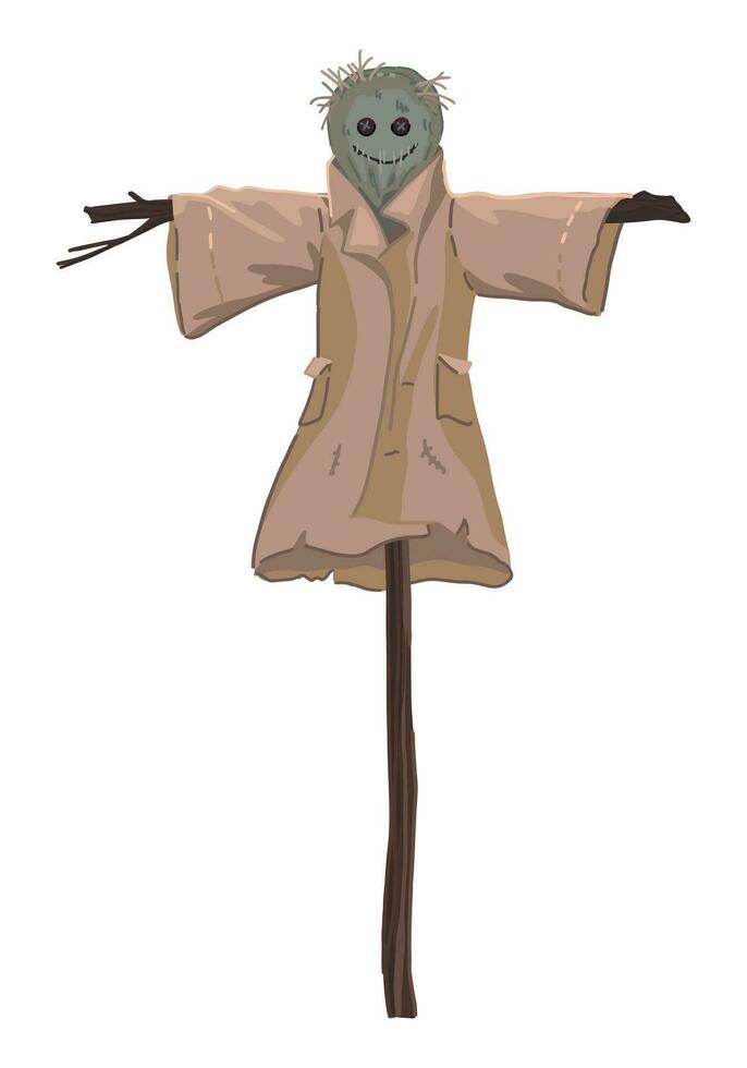 Creepy scarecrow doodle. Halloween vector illustration in cartoon style. Dark theme clipart isolated on white background.