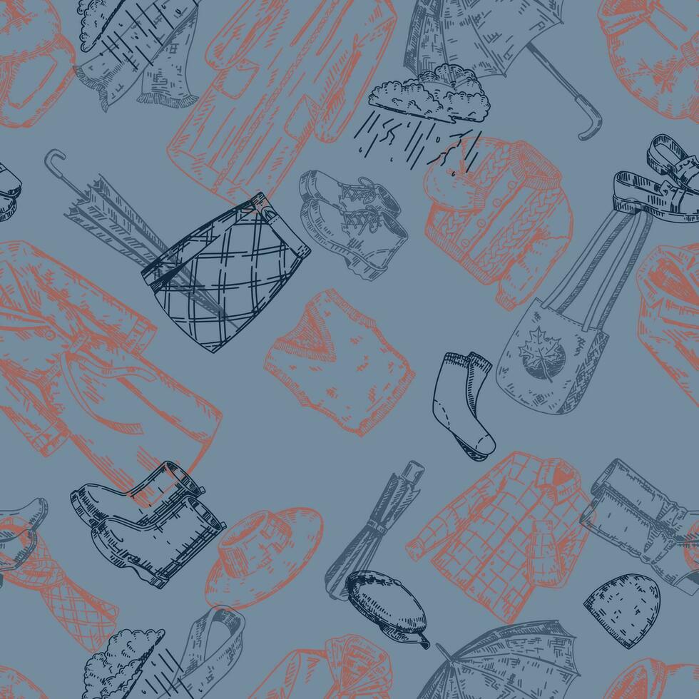 Autumn clothes vector seamless pattern. Ornament of apparel, shoes, hats, accessories. Hand drawn retro style design for background, wallpaper, decor.
