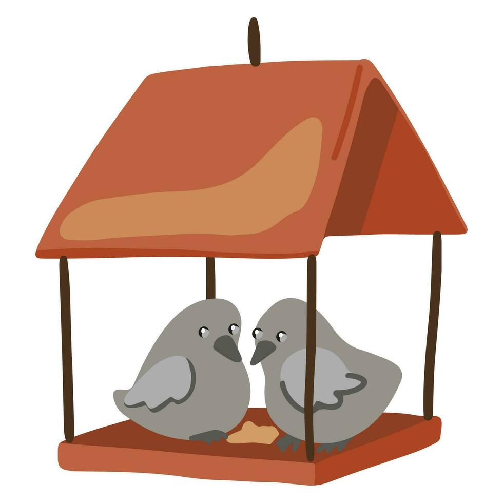 Doodle of bird feeder with sparrows. Colored cartoon drawing of winter wild animals. Hand drawn vector illustration. Single clipart isolated on white. Element for design, print, sticker, card, decor.