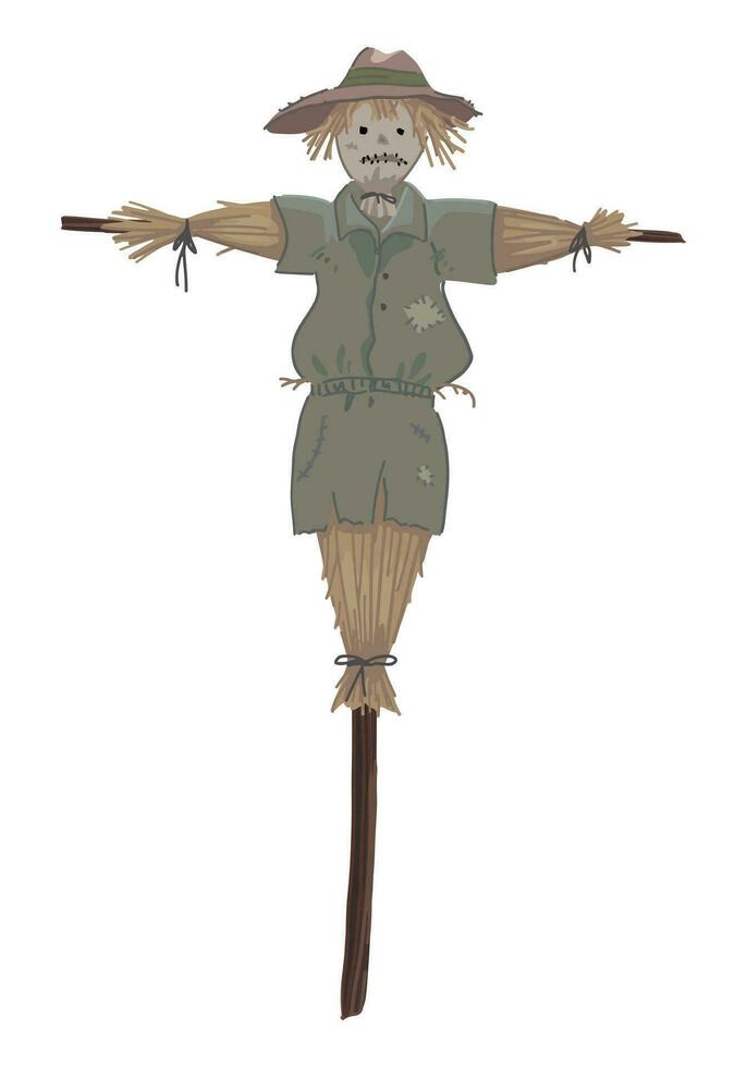 Creepy scarecrow doodle. Halloween vector illustration in cartoon style. Dark theme clipart isolated on white background.