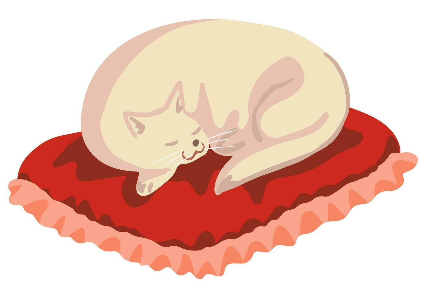 Doodle of cute cat sleeping on a pillow. Colored cozy cartoon drawing of pet animal. Hand drawn vector illustration. Single clipart isolated on white. Element for design, print, sticker, card, decor.