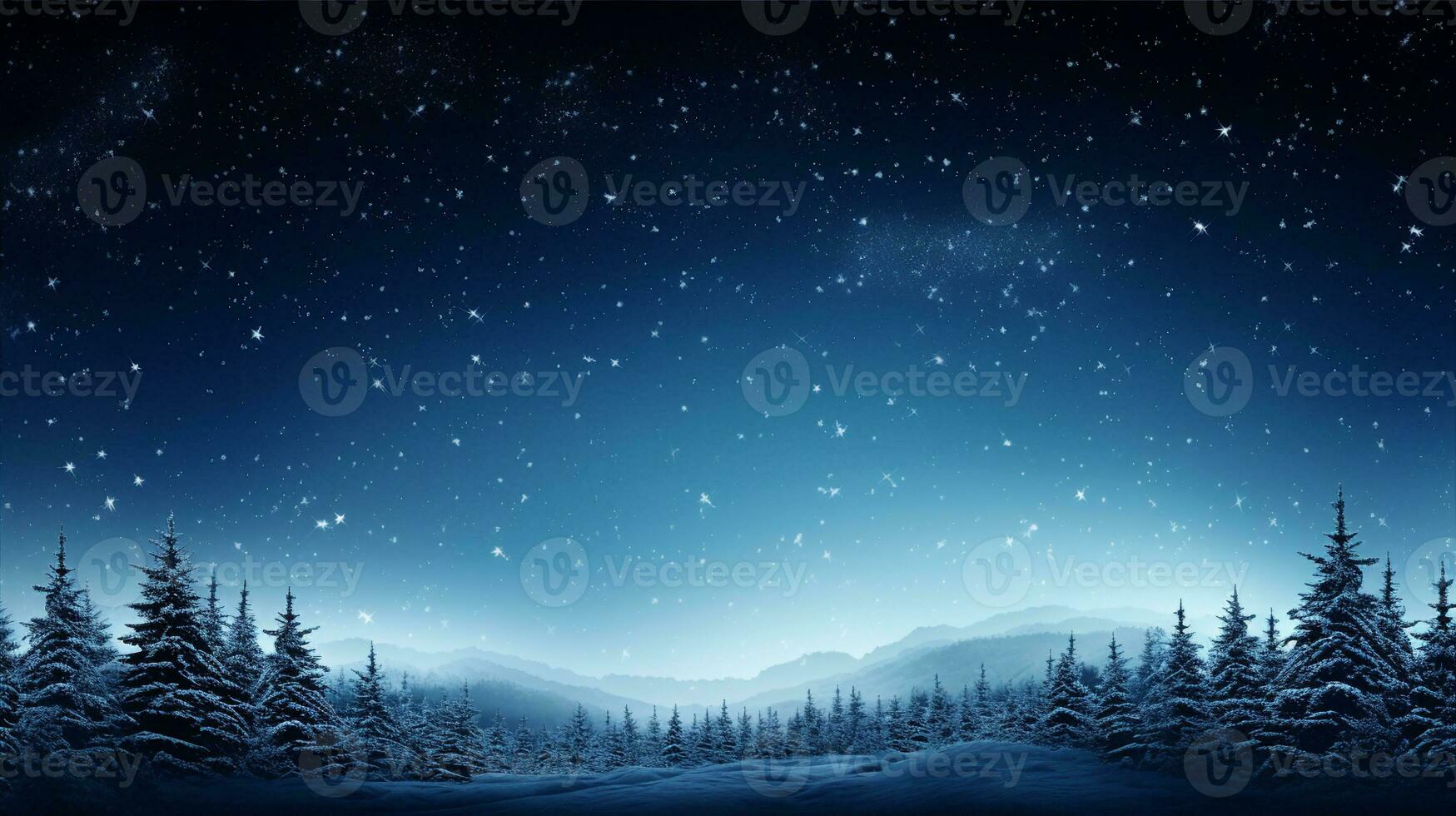 Night starry sky, winter forest, snowy blue background. Generative AI photo