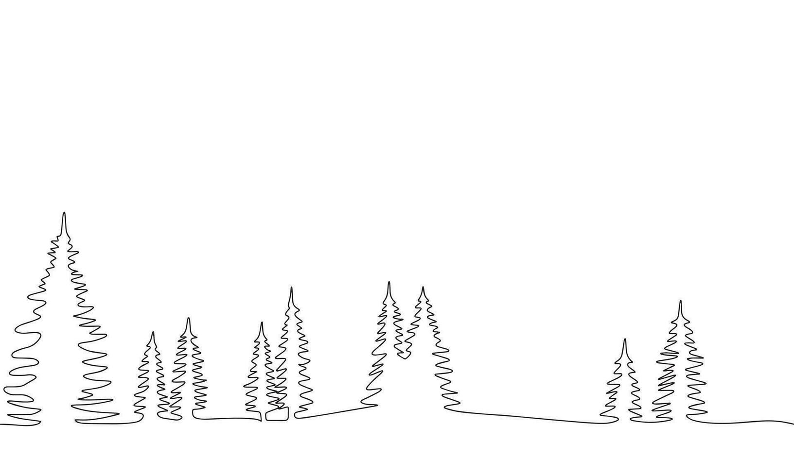 Landscape with pine trees one line continuous. Line art fir trees silhouette. Outline concept banner for winter. Vector illustraiton.