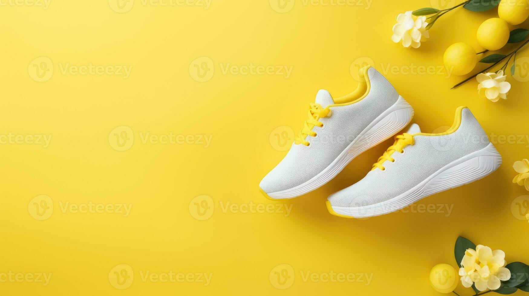 Sport sneakers, object on yellow background, banner with copy space. Generative AI photo