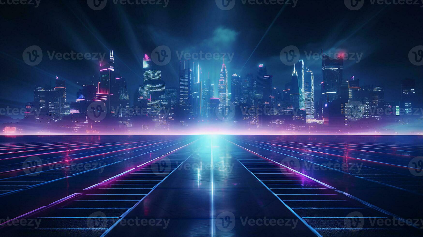 Futuristic city, blue neon lights, abstract dark background. Generative AI photo