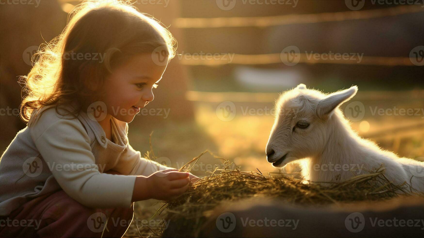 Child on a farm, the joy of feeding animals and understanding the circle of life. Generative AI photo