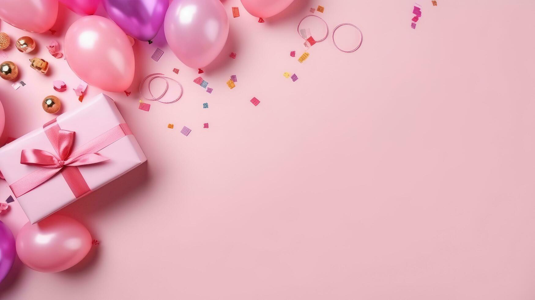 Birthday background, flat lay. Pink gift box, balloons and confetti on the table photo