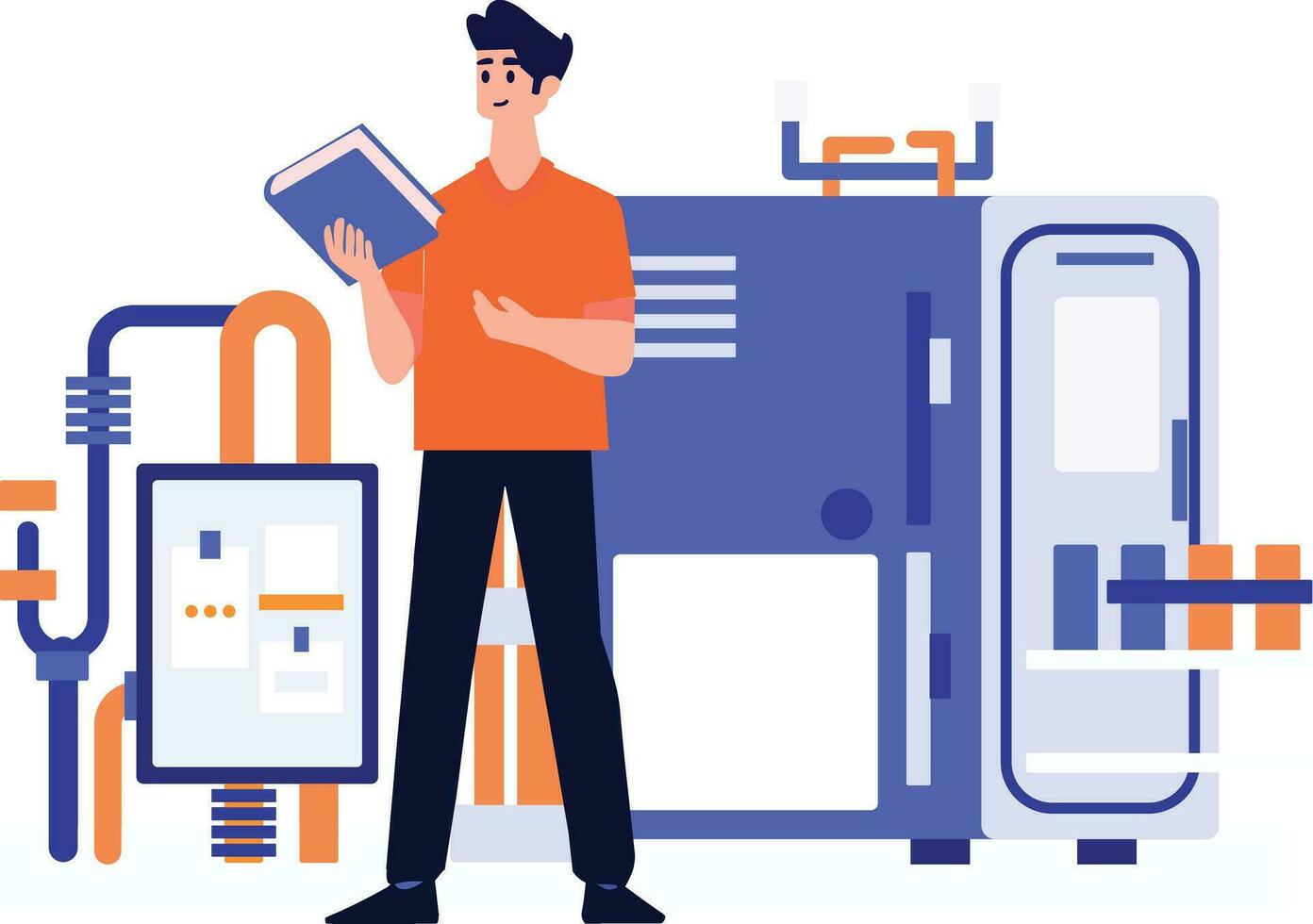 Hand Drawn Technician or engineer with engine in factory in flat style vector