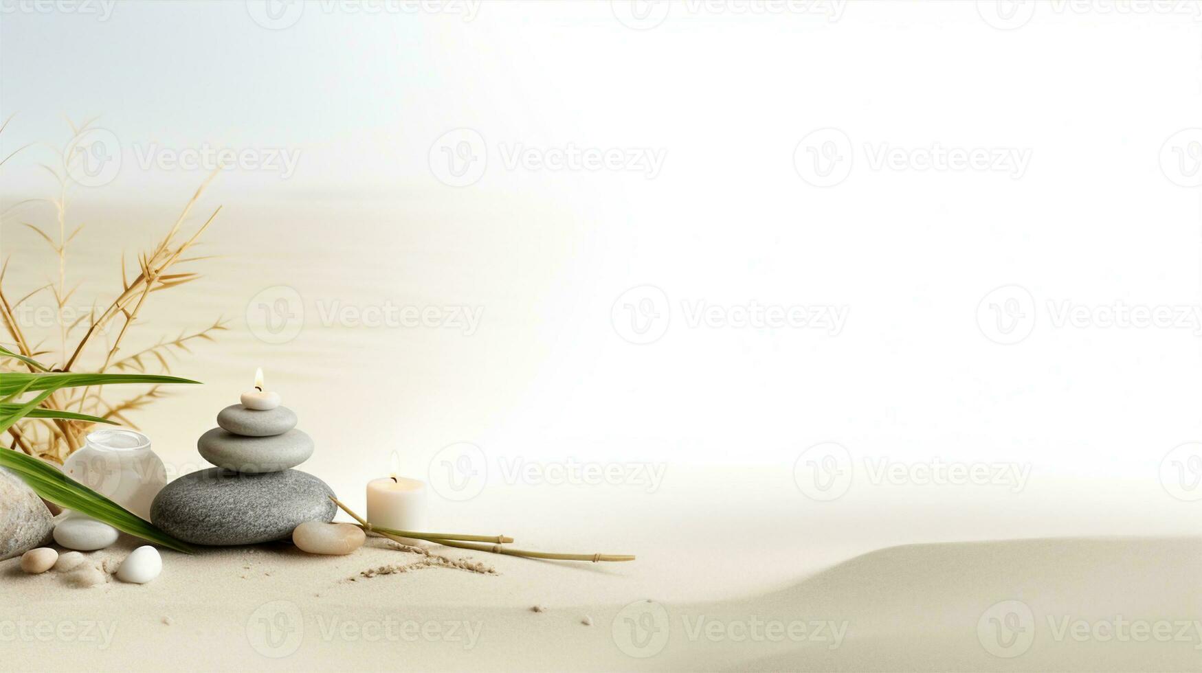Banner displays a zen garden scene, sand, stones in harmonious patterns, a rake, and candles on the side. Generative AI photo
