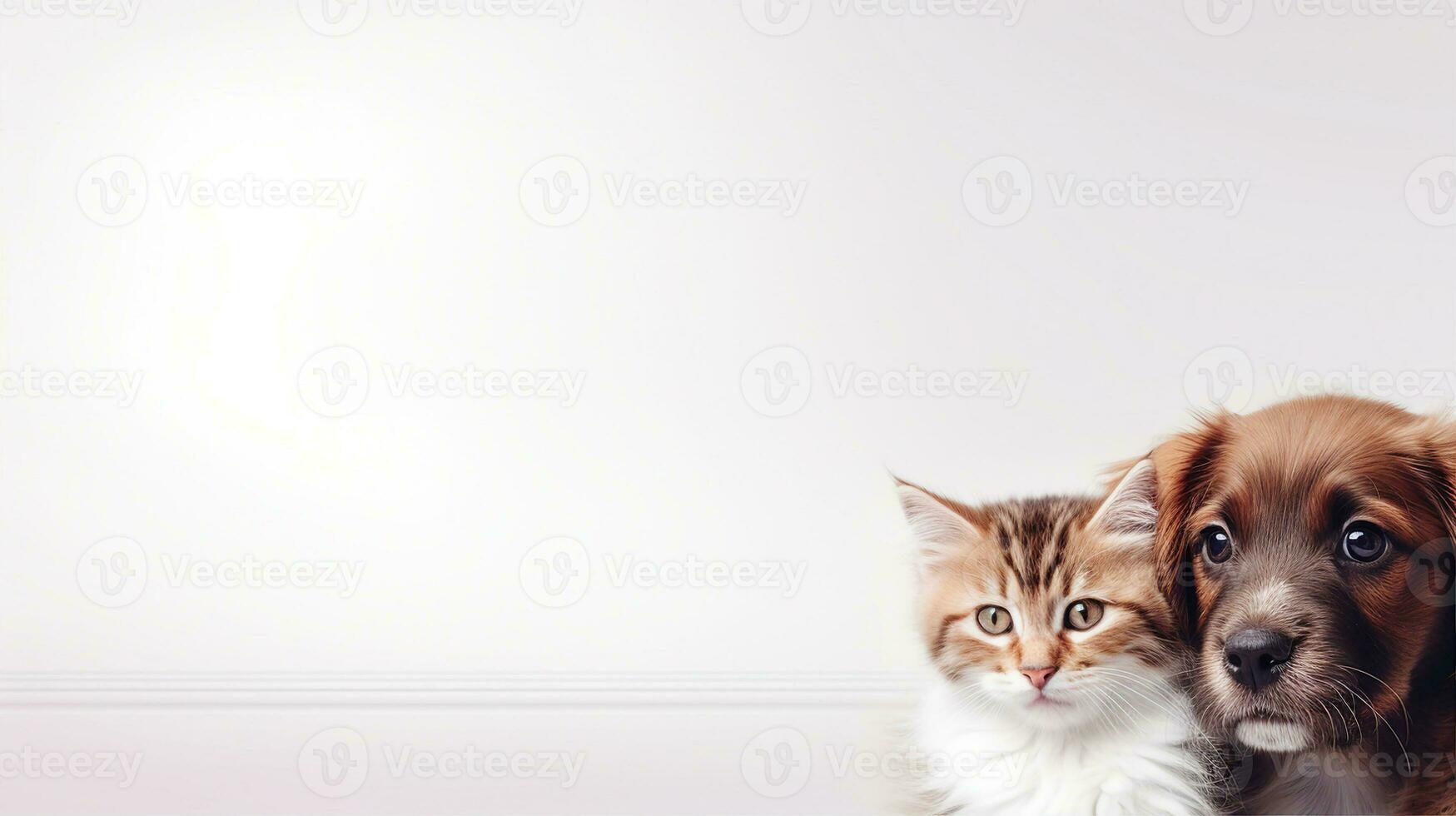 Cute dog and cat, pet faces. Web banner with copy space. Generative AI photo