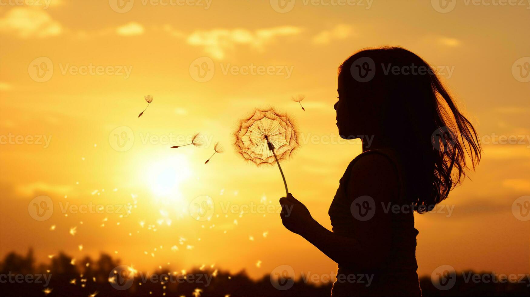 Girl blowing dandelion seeds, making a wish in the golden light of sunset. Generative AI photo