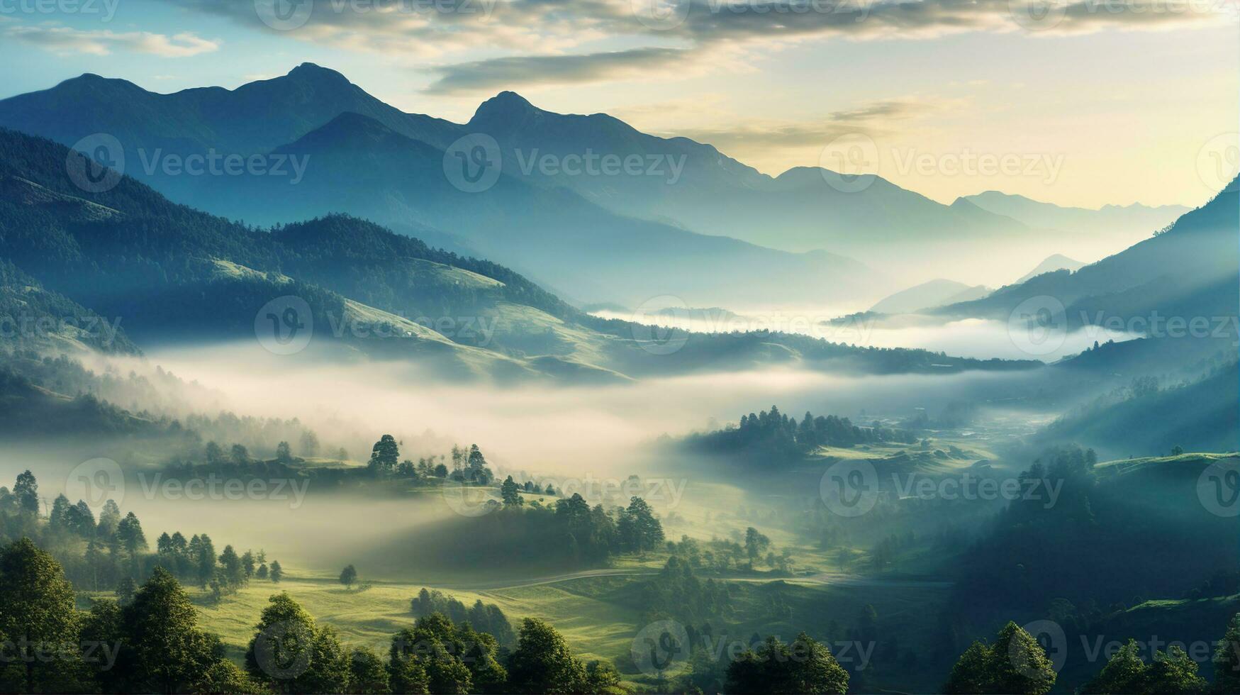 Mountains in the fog, sunrise, beautiful landscape. Generative AI photo