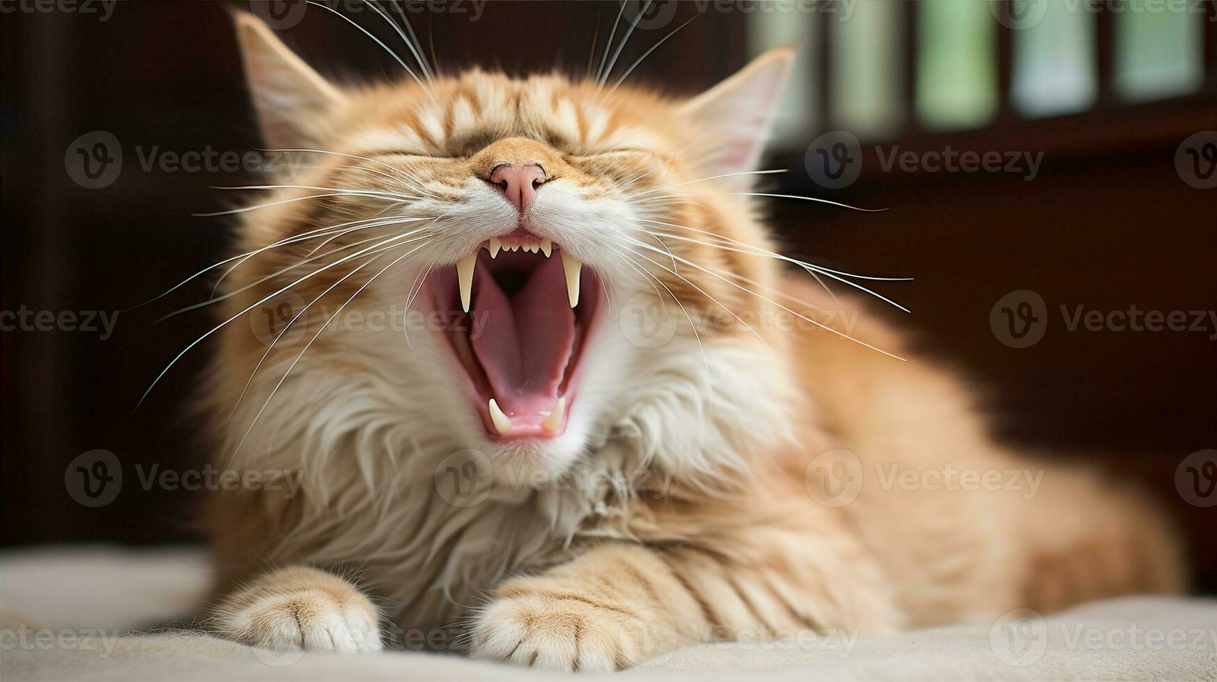 Cat lazily yawning, displaying its sharp teeth and curled tongue, a raw moment of feline nature. Generative AI photo