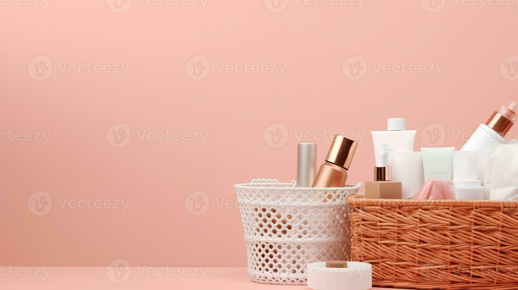 A basket of beauty products. Web banner with copy space. Generative AI photo