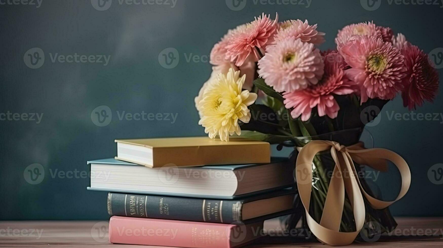 A stack of books with a flower vase. Web banner with copy space. Generative AI photo