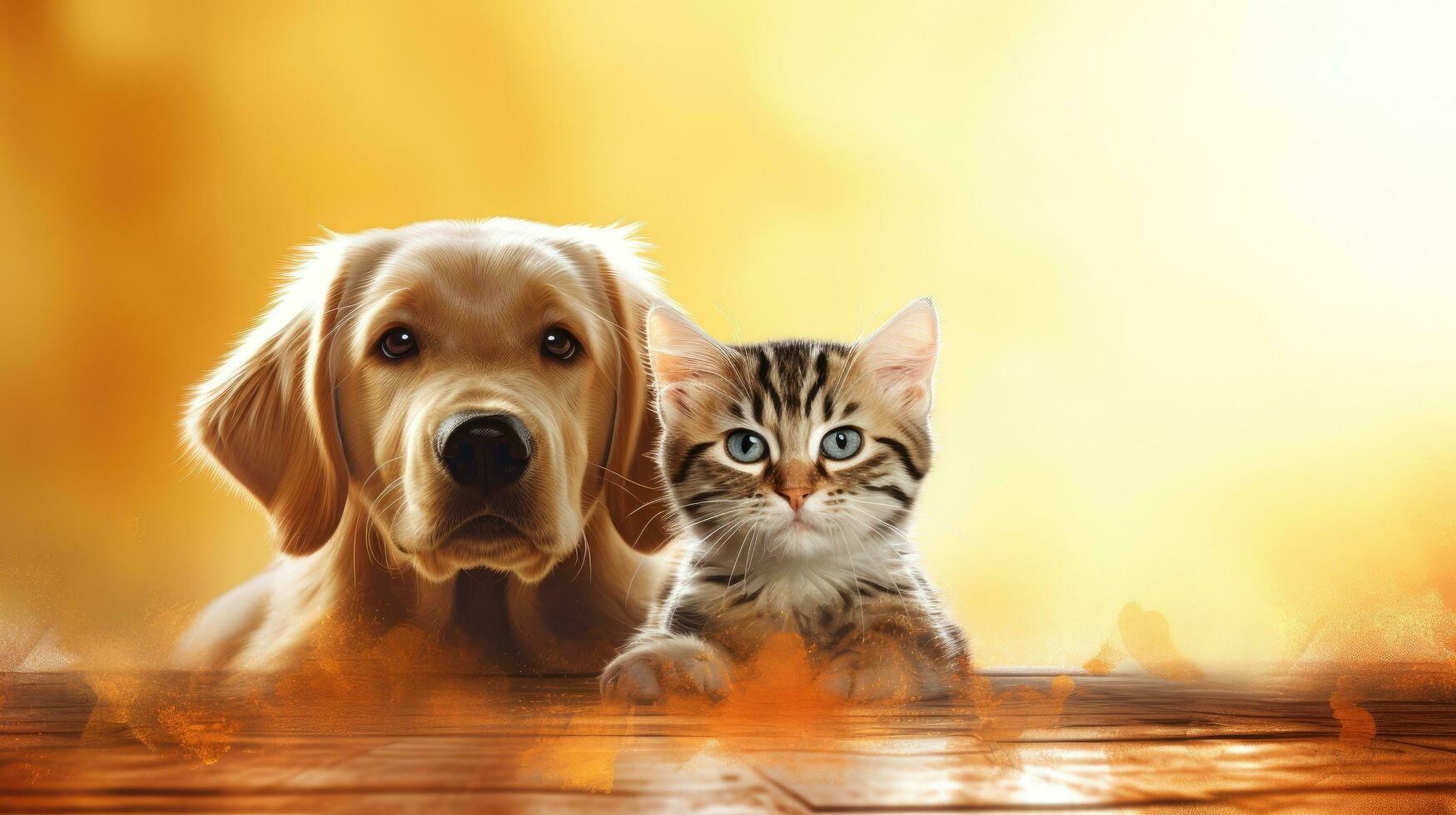 Dog and cat, cute pets. Web banner with copy space. Generative AI photo