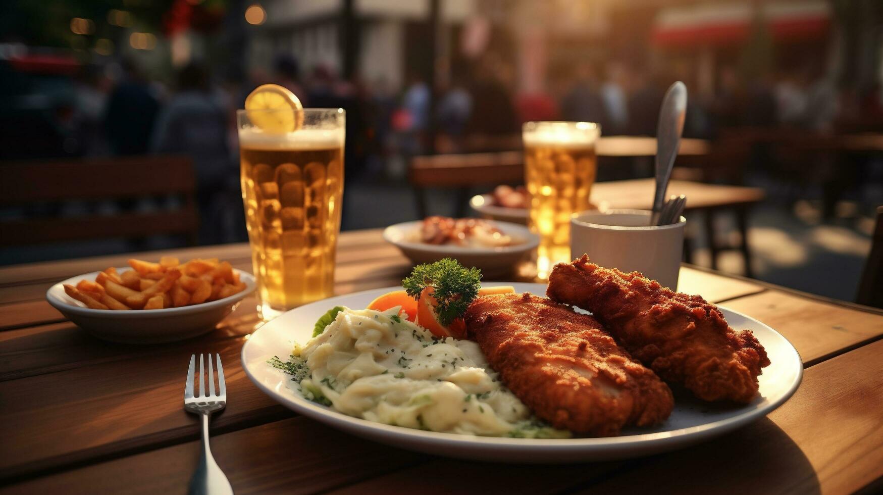 Crispy fish and chips with a glass of beer on a wooden table photo