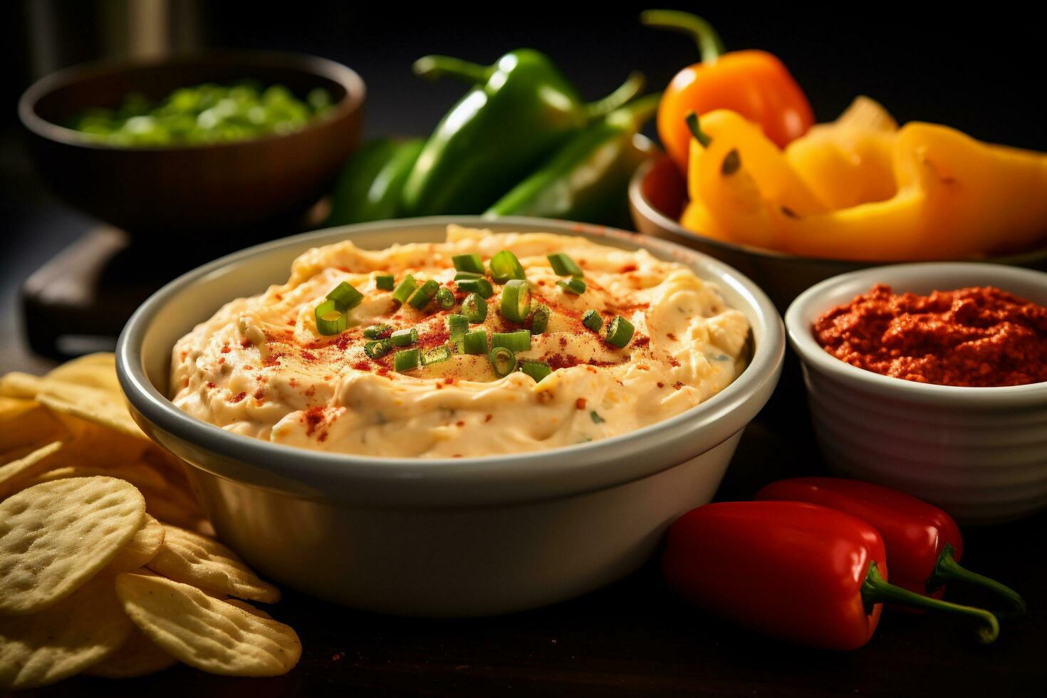 Bowl of pimento cheese with ingredients on wooden table, selective focus photo