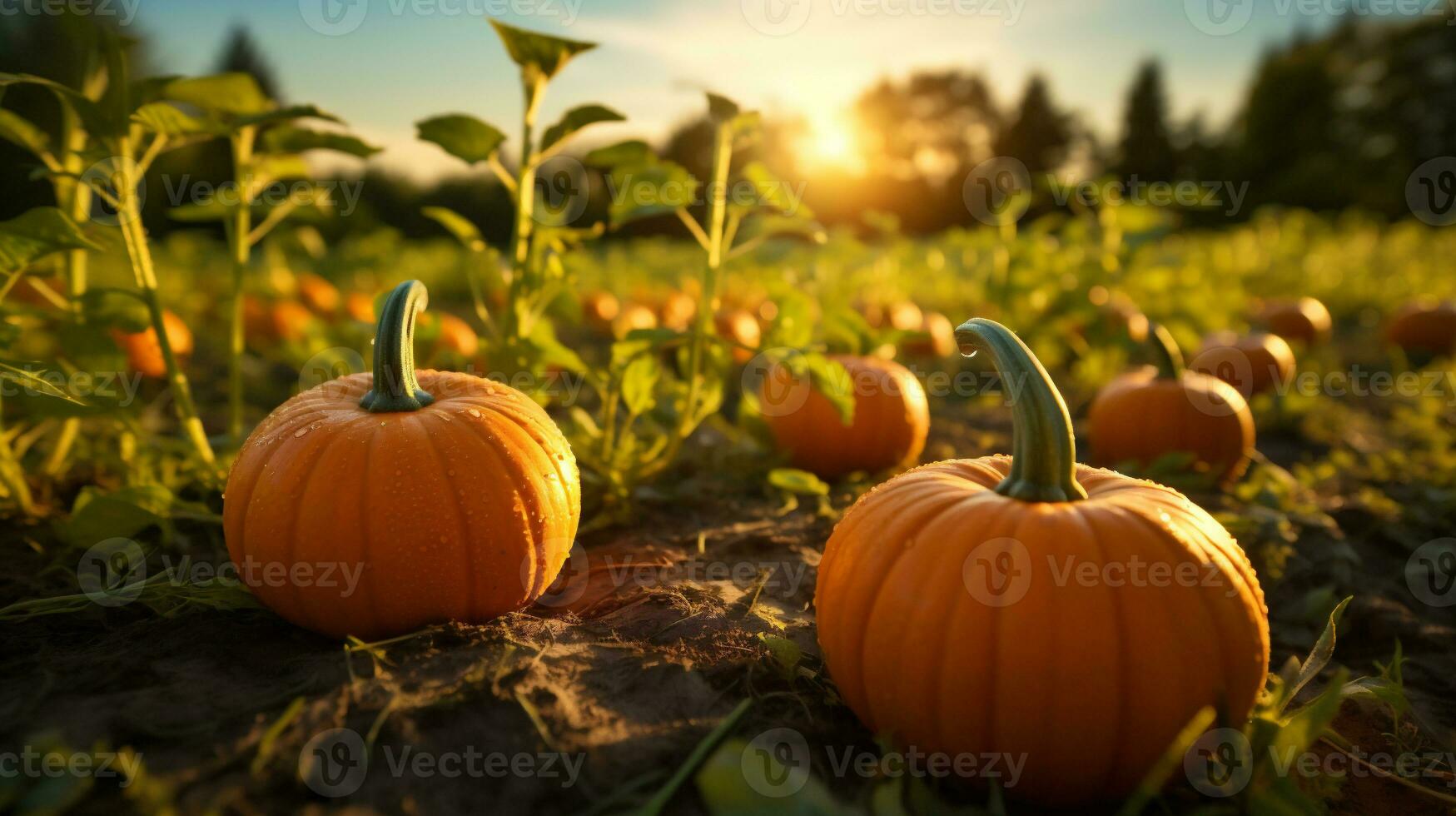 Pumpkin patch on sunny autumn day. Colorful pumpkins ready for Halloween. photo