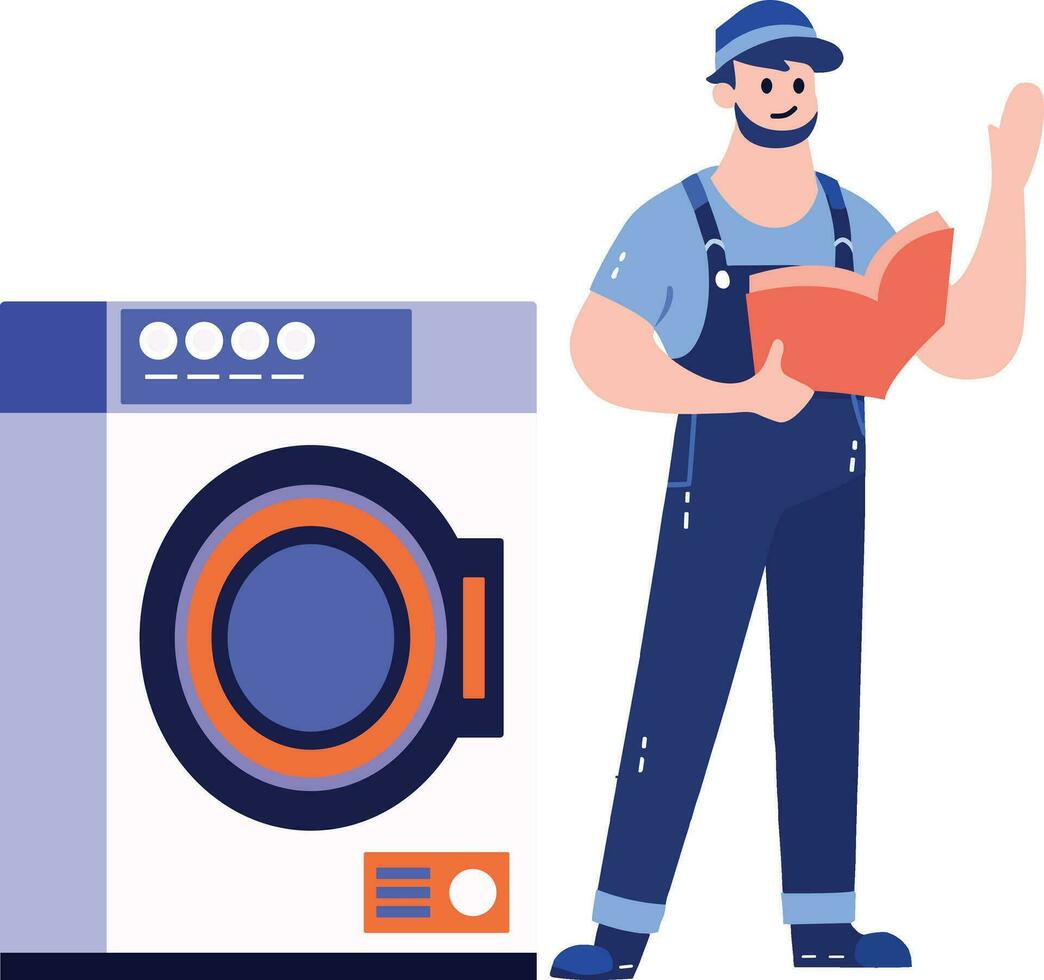 Hand Drawn washing machine repair technician in flat style vector