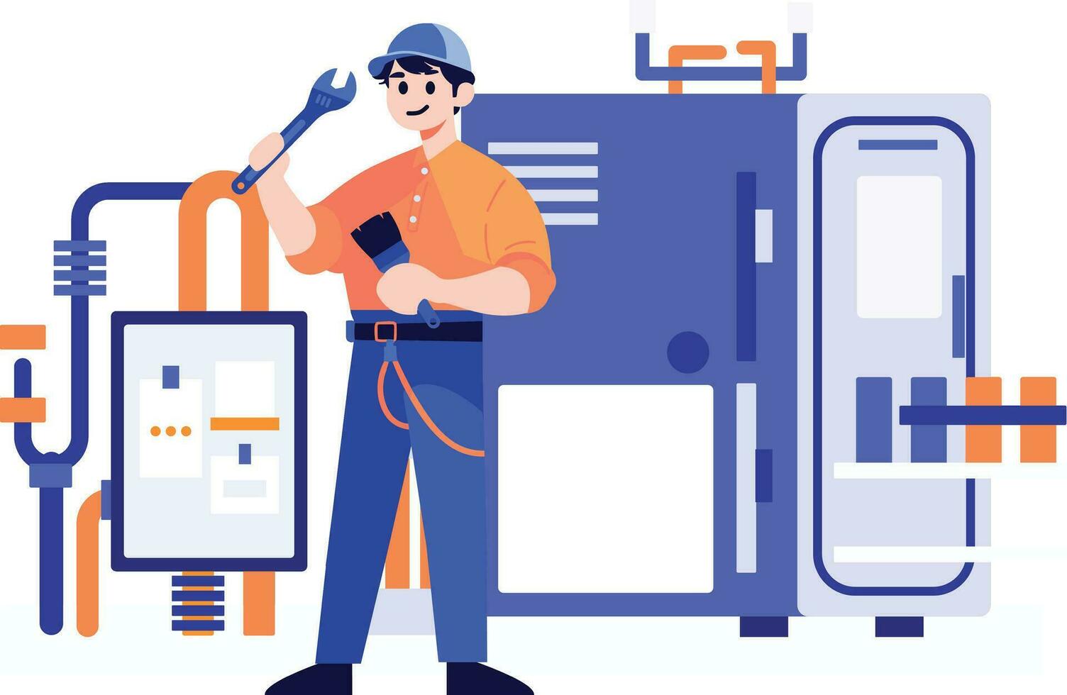 Hand Drawn Technician or engineer with engine in factory in flat style vector