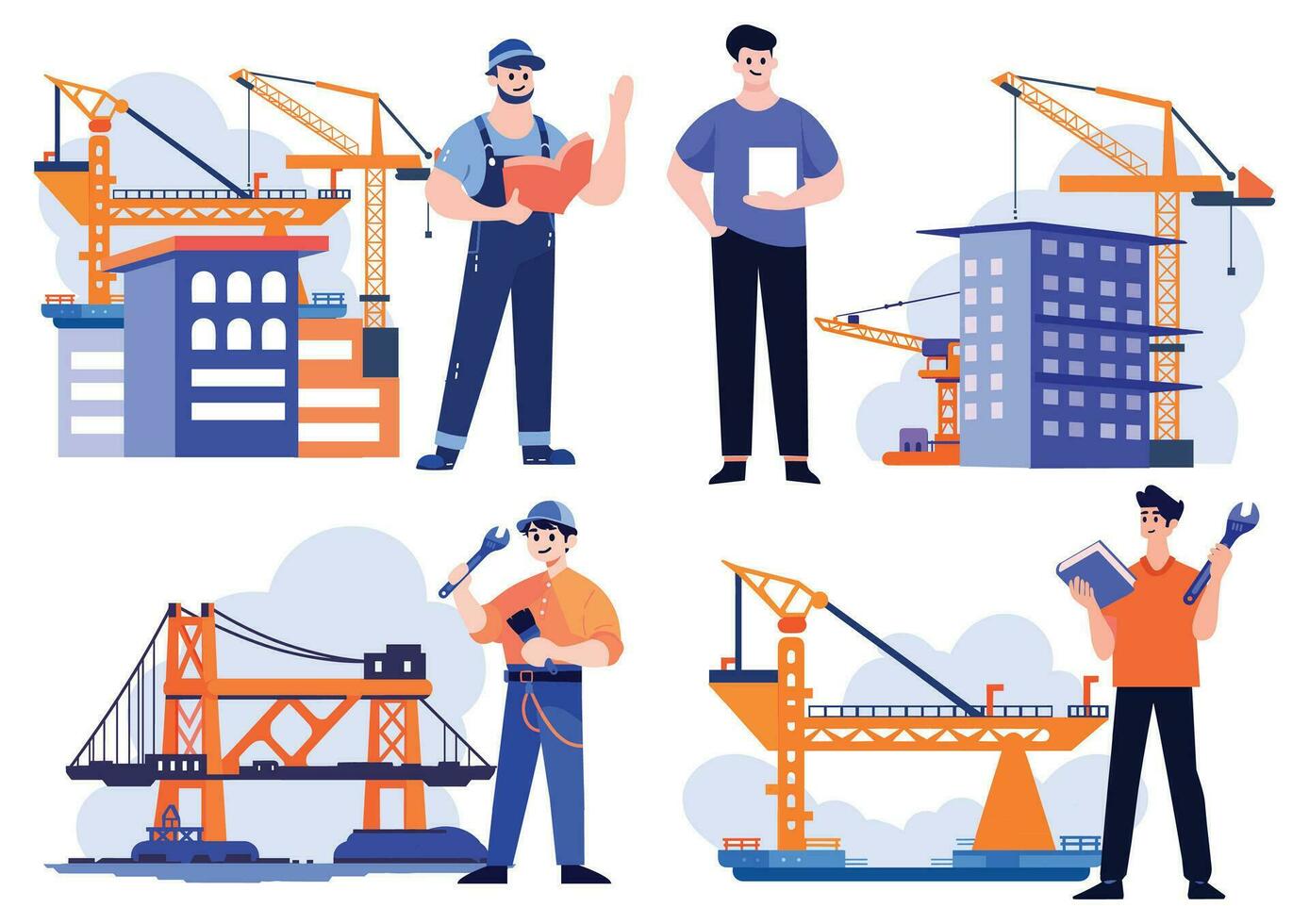 Hand Drawn Engineer or architect with building under construction in flat style vector