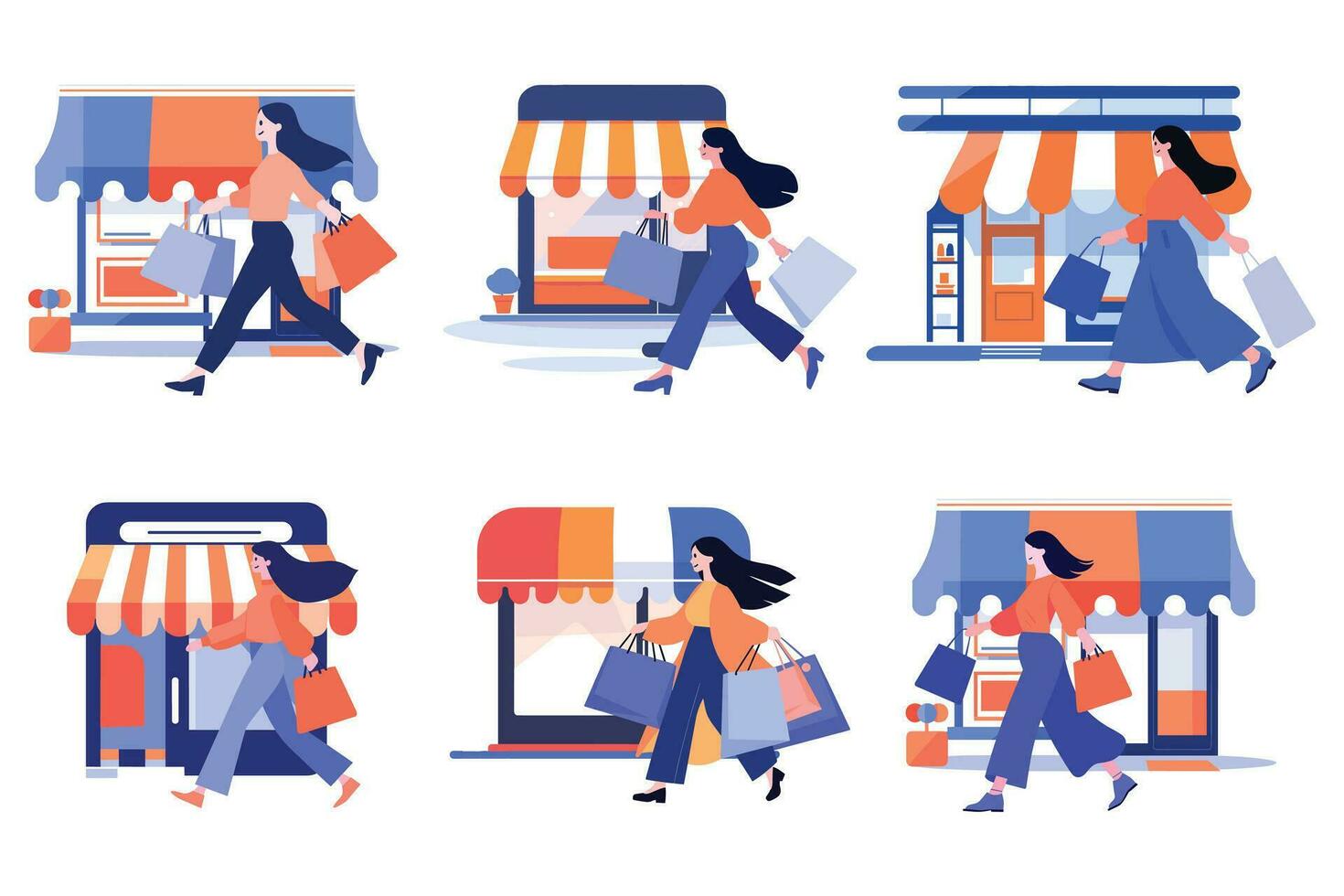 Hand Drawn A woman with shopping bags walks past a storefront in flat style vector