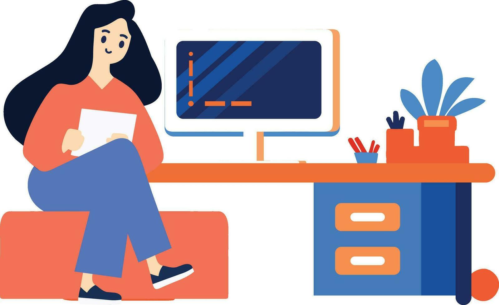Hand Drawn A female character is sitting and reading a book in her office in flat style vector