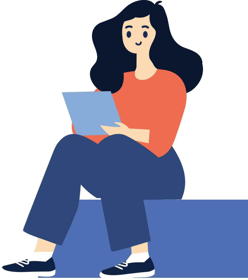 mano dibujado hembra personaje sentado y leyendo un libro en plano estilo vector