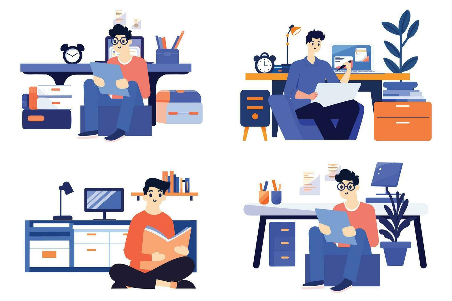 mano dibujado un masculino personaje es sentado y leyendo un libro en su oficina en plano estilo vector