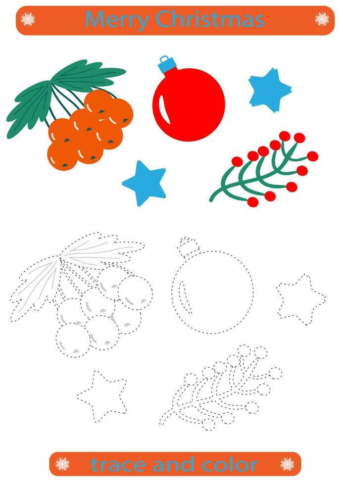 Trace and color. Tracing lines for children. Christmas, Christmas ball, rowan, berry, handwriting practice development. EPS10 vector