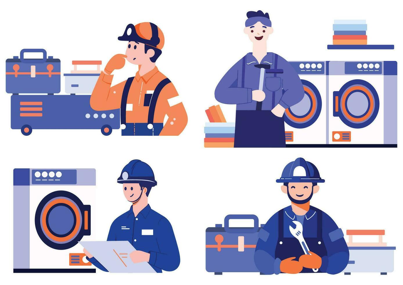 Hand Drawn washing machine repair technician in flat style vector