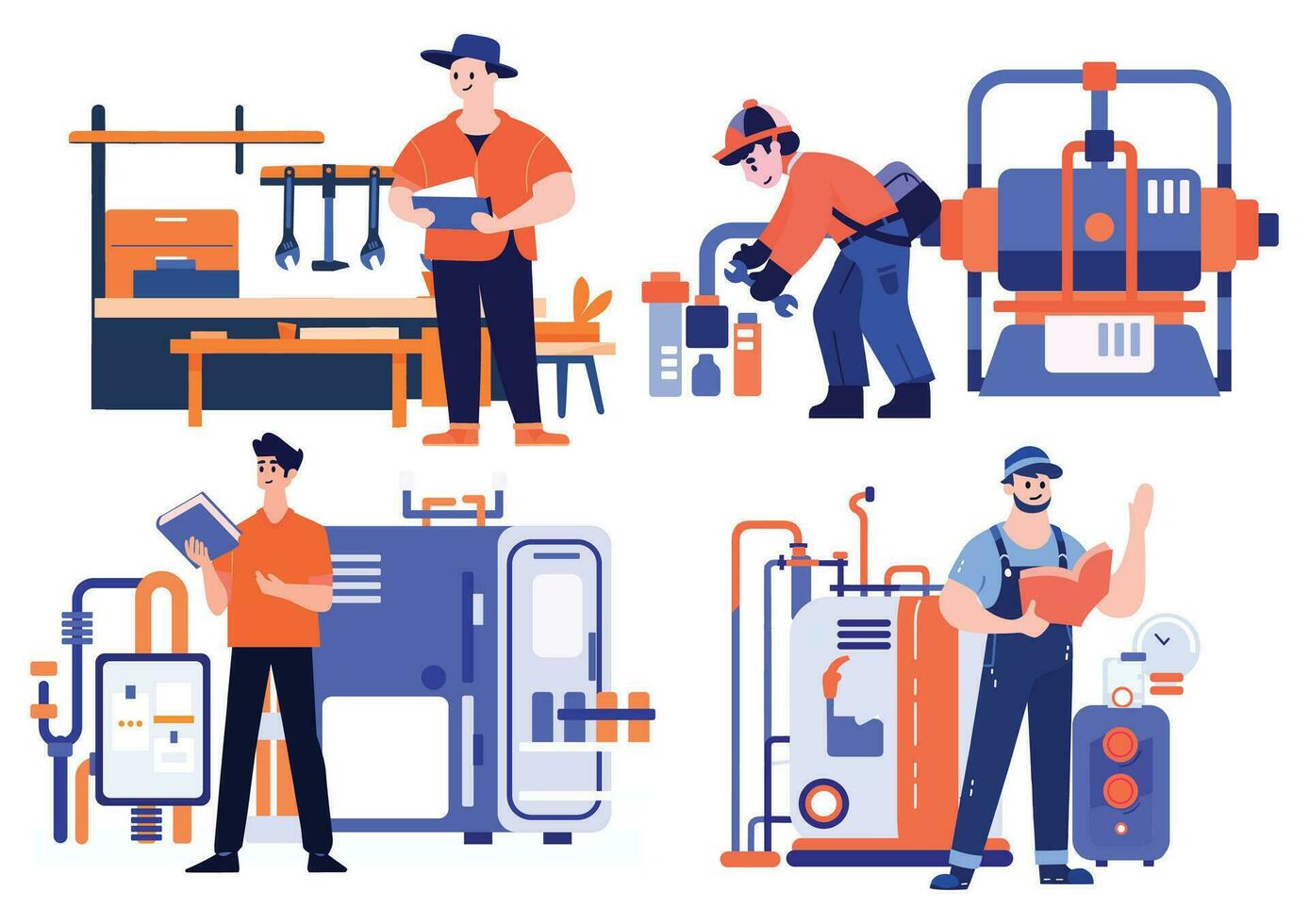 Hand Drawn Technician or engineer with engine in factory in flat style vector