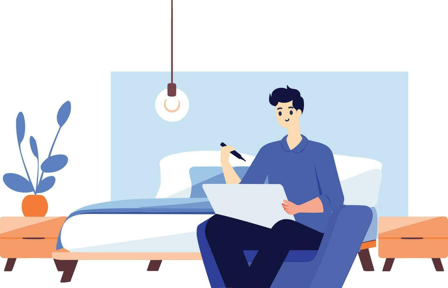 Hand Drawn A male character is reading a book in the bedroom in flat style vector