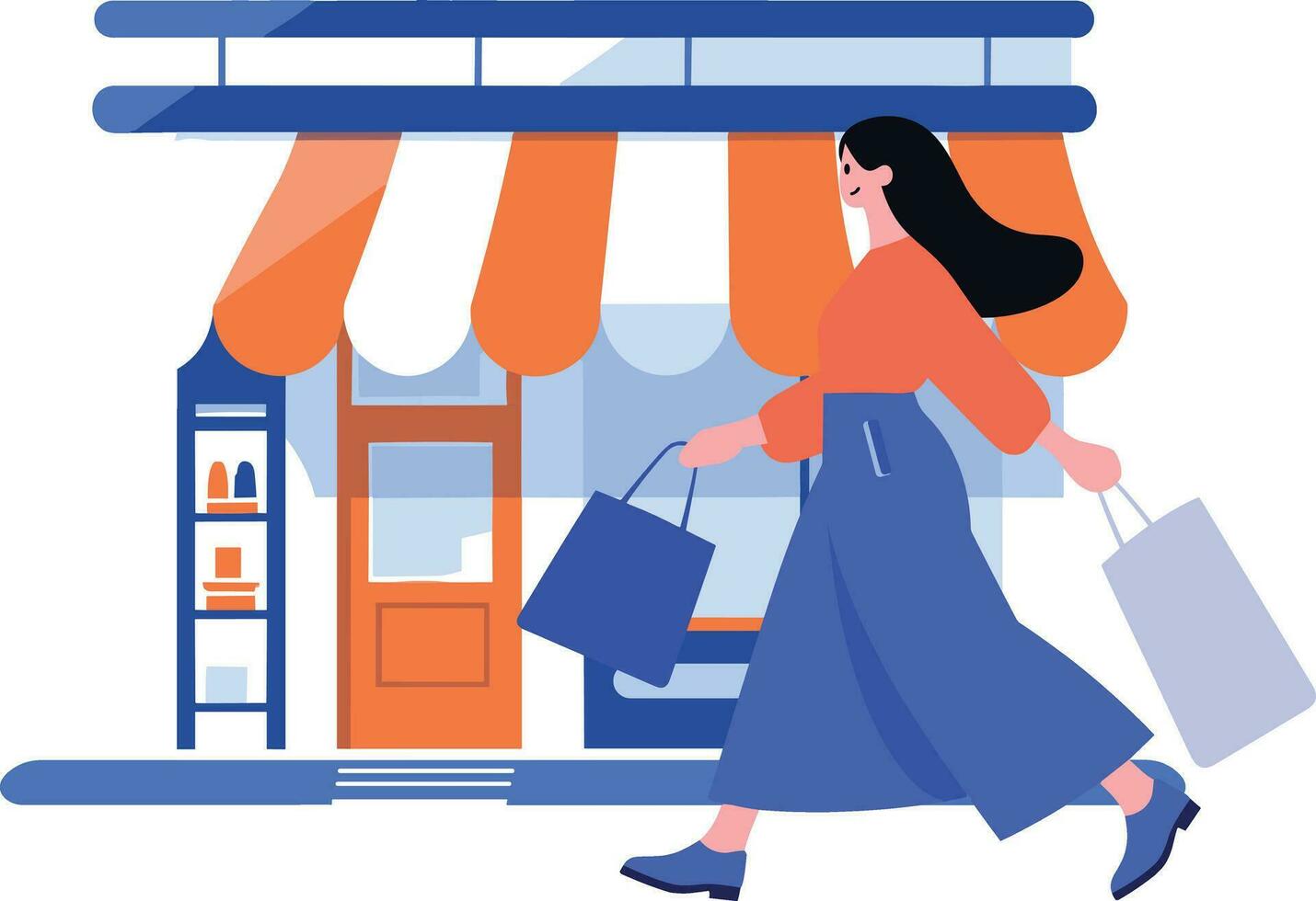 Hand Drawn A woman with shopping bags walks past a storefront in flat style vector