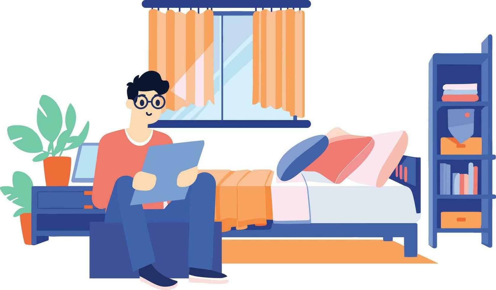 Hand Drawn A male character is reading a book in the bedroom in flat style vector