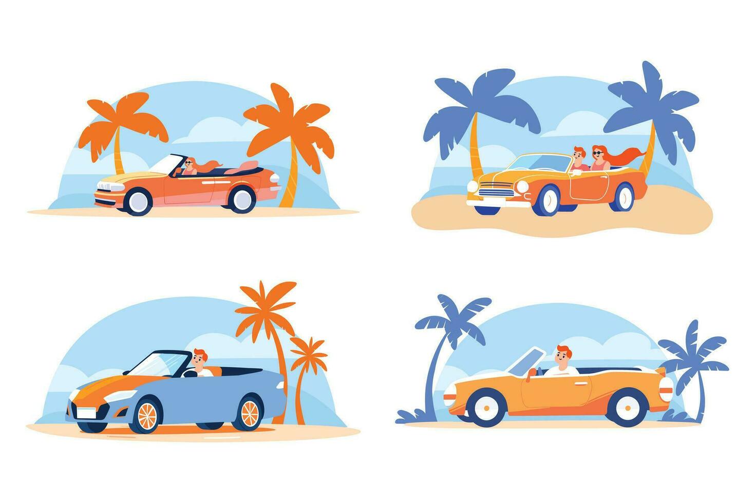 Hand Drawn Tourists drive convertibles car to the beach in flat style vector