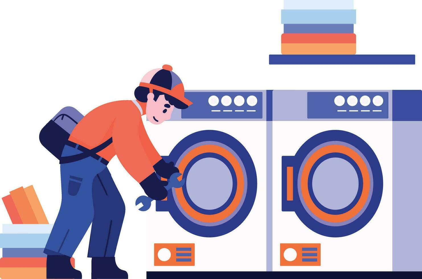 Hand Drawn washing machine repair technician in flat style vector