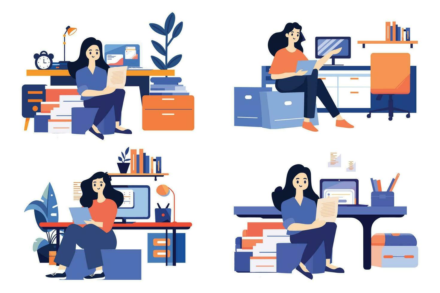 Hand Drawn A female character is sitting and reading a book in her office in flat style vector